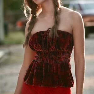 Anthropologie Strapless Blouse Sz Medium Velvet Peplum Top Milkmaid Whimsigoth